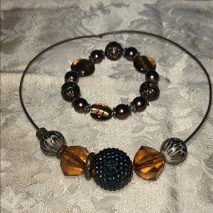 Elegant Amber and Black Beaded Necklace and Bracelet Set
